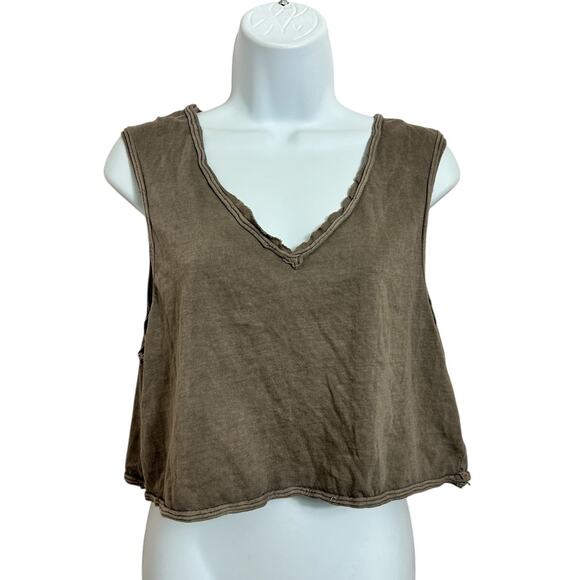 Urban Outfitters Brown Distressed V-Neck Crop Tank Top Sz M Raw Trim Tee Cotton - Picture 6 of 6
